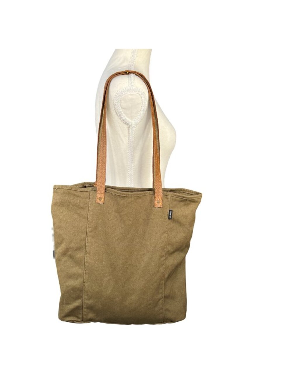 L.L. Bean Leather-Handle Essential Tote Bag 18L Canvas Tote Olive Green